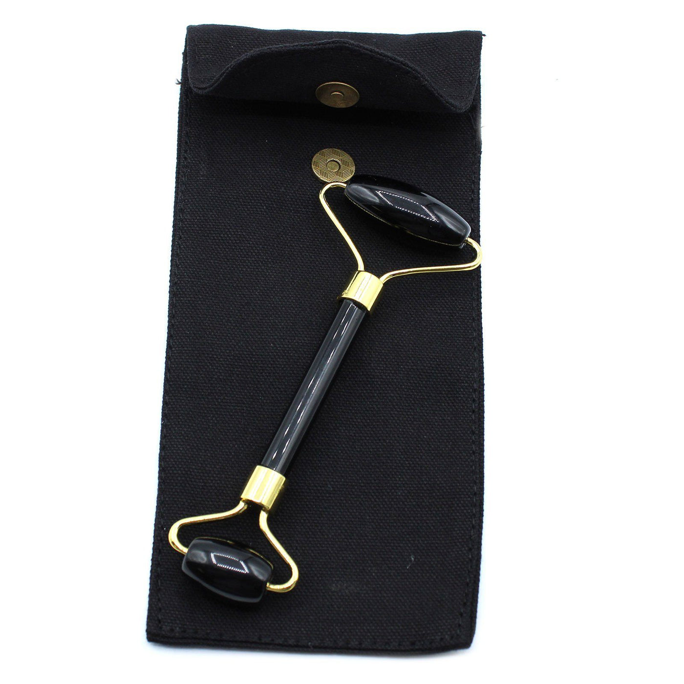 Natural Gemstone Black Obsidian Face Roller In Cosmetic Pouch.