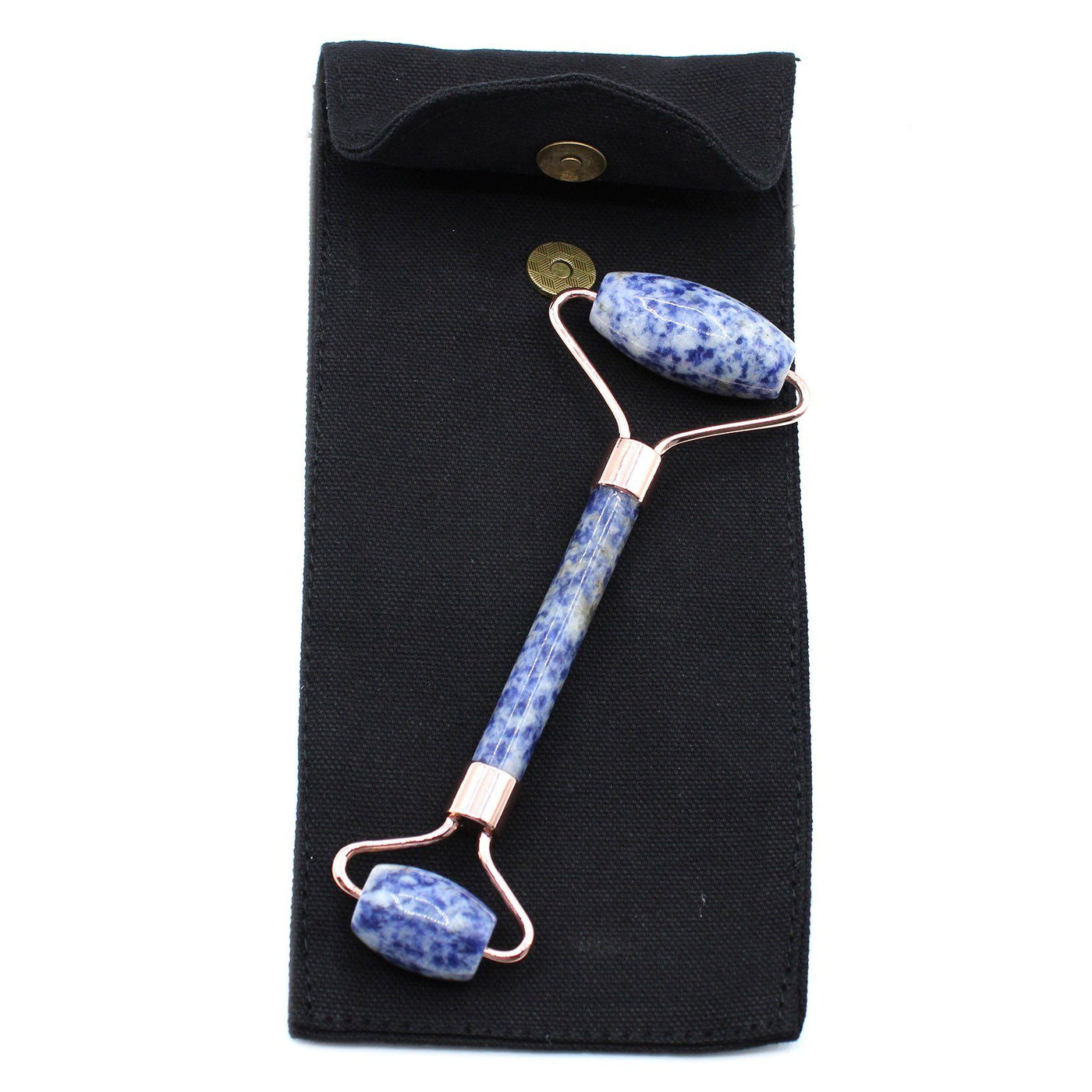Natural Double Sided Sodalite Gemstone Face Roller In Cosmetic Pouch
