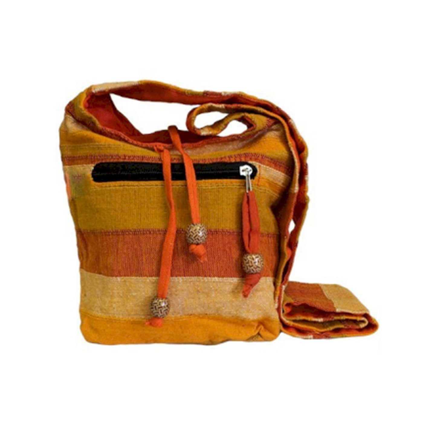 100 % cotton, natural ecological women's sling bag with orange, gold stripes 