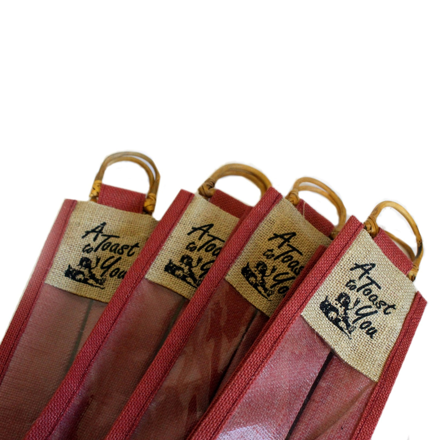 Natural Jute 'A Toast For You' Printed Wine Gift Bags With Clear Window And Cane Handle.