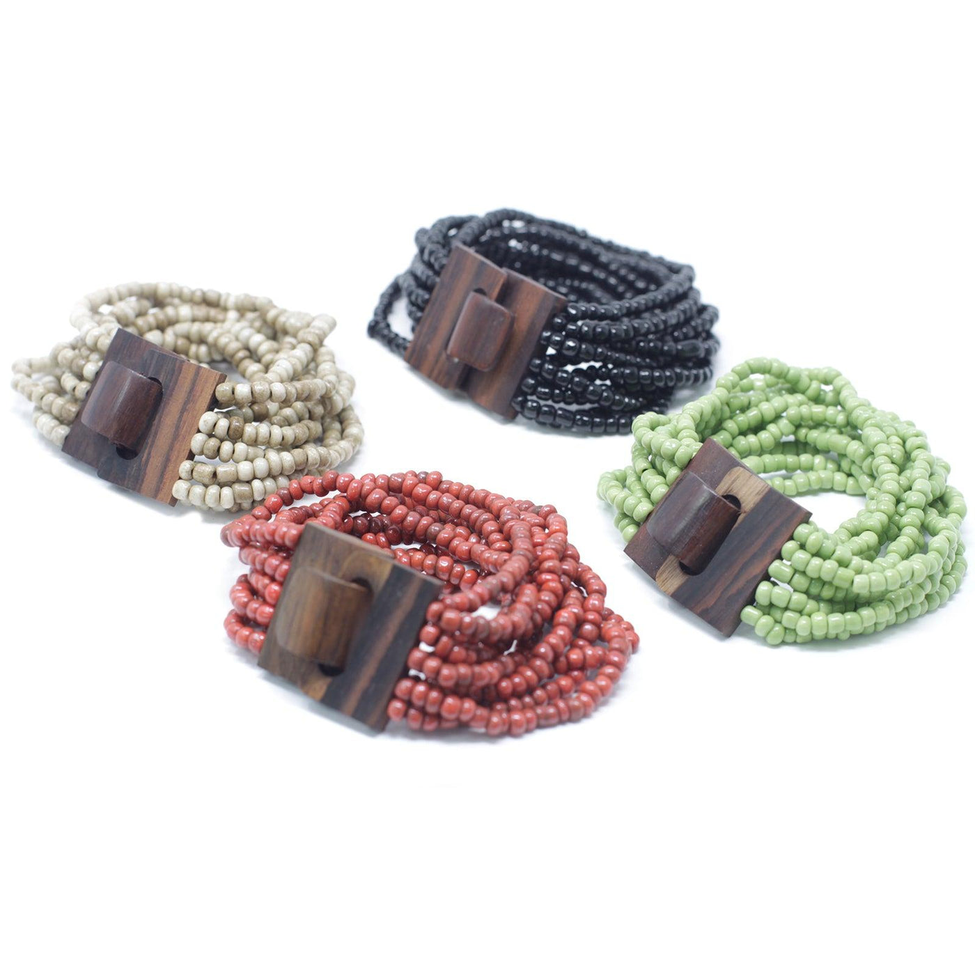 Multi-Bead Coconut Wooden Clasp Women's Bracelets  In Red, Natural, Green, Black