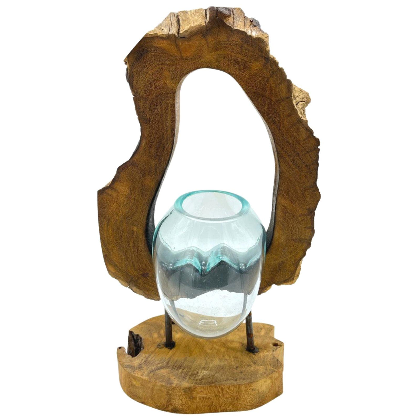 Natural Ecological Wooden Glass Decorative Vase On Wooden Stand.