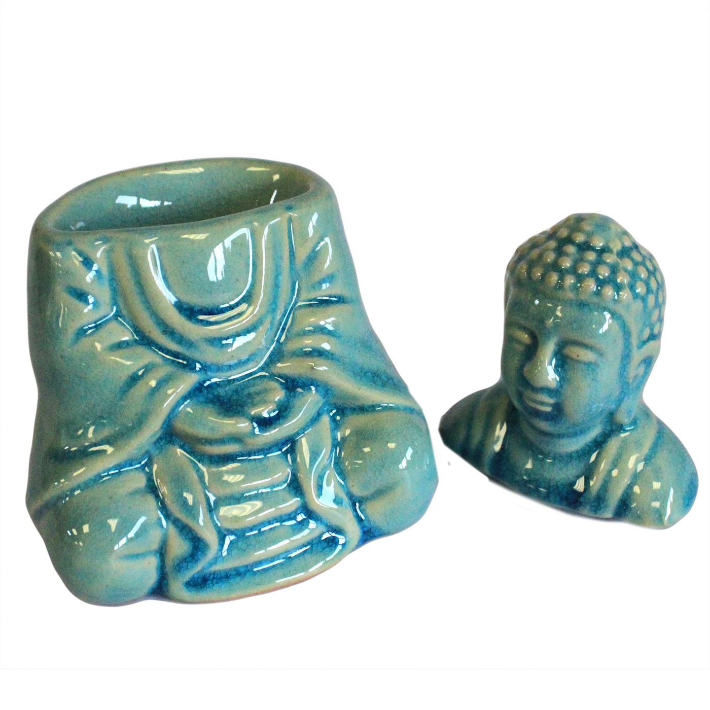 Blue Glazed Sitting Buddha Oil Burner.