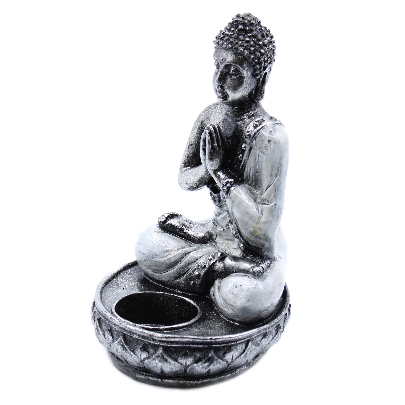 Silver Hand Painted Namaskara Mudra Buddha Candle Tealight Holder.