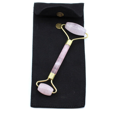 Double Sided Gemstone Face Roller In Cotton Pouch - Rose Quartz.