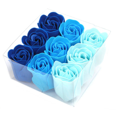 Set Of 9 Luxury Soap Bath Gift Flowers In Gift Box - Blue Roses.