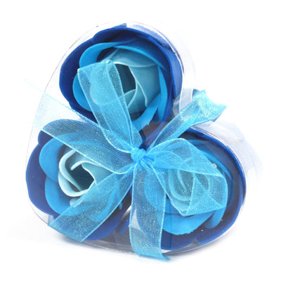 Set Of Three Luxury Blue Roses Soap Bath Flowers In Heart Box Gift.