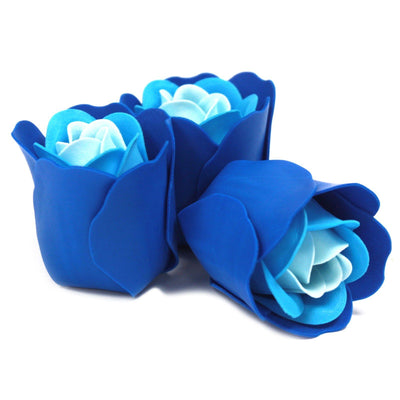 Set Of Three Luxury Blue Roses Soap Bath Flowers In Heart Box Gift.