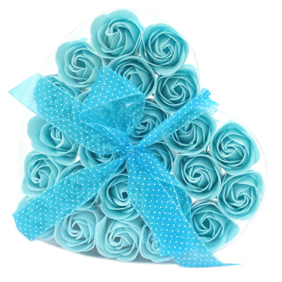 Set of 24 Luxury Blue Roses Soap Bath Flowers In Heart Gift Box.