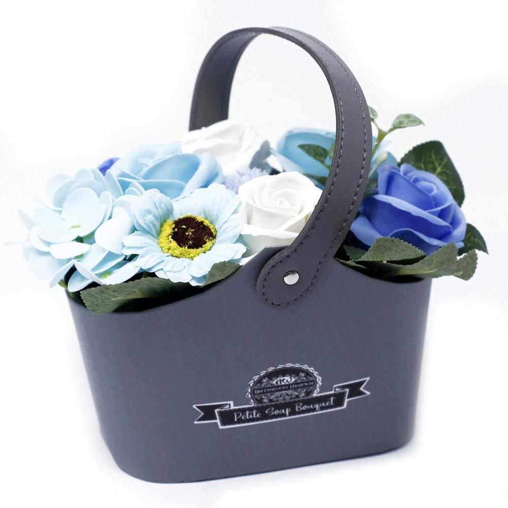 Luxury Soothing Blues Body Soap Flowers Bouquet, Petite Basket Gift Set.