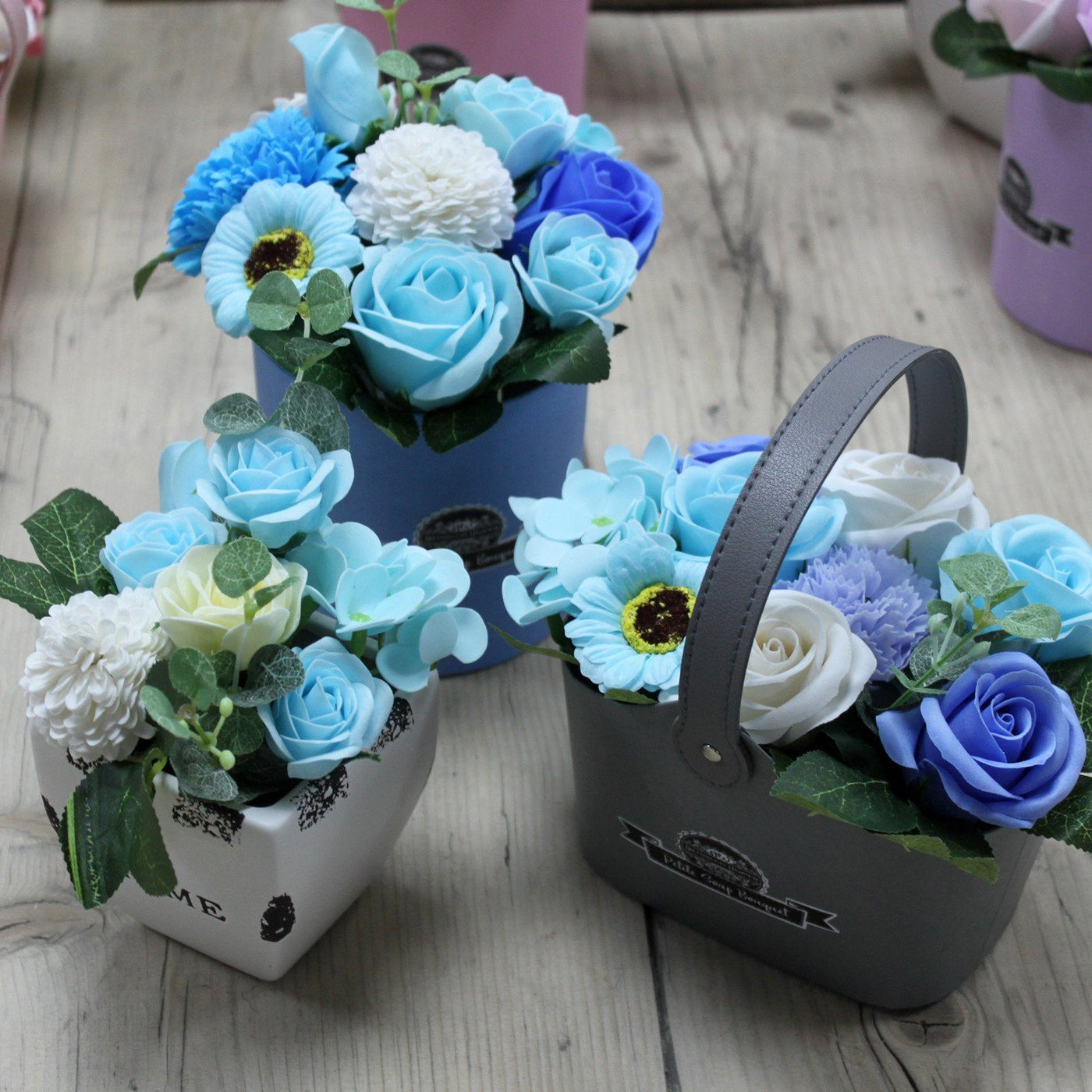 Luxury Soothing Blues Body Soap Flowers Bouquet, Petite Basket Gift Set.