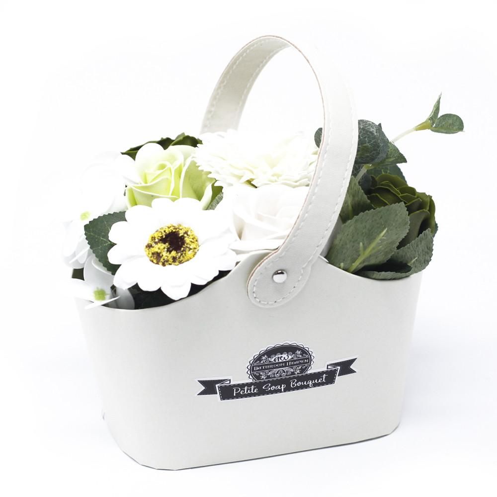 Luxury Pastel Green Bath Soap Flowers Bouquet In Petite White Gift Basket Gift.