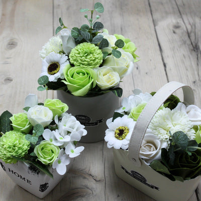 Luxury Pastel Green Bath Soap Flowers Bouquet In Petite White Gift Basket Gift.