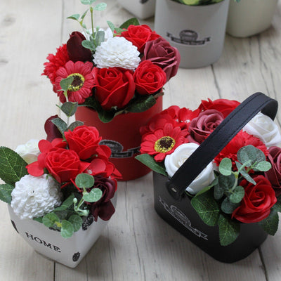 Luxury Rich Reds Body Soap Flowers Bouquet Petite Basket Gift Set.