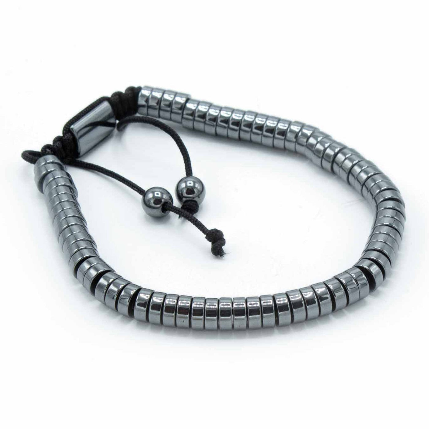 Unisex Hematite Circle Beads Bracelet With Macrame Knot.