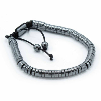 Unisex Hematite Circle Beads Bracelet With Macrame Knot.