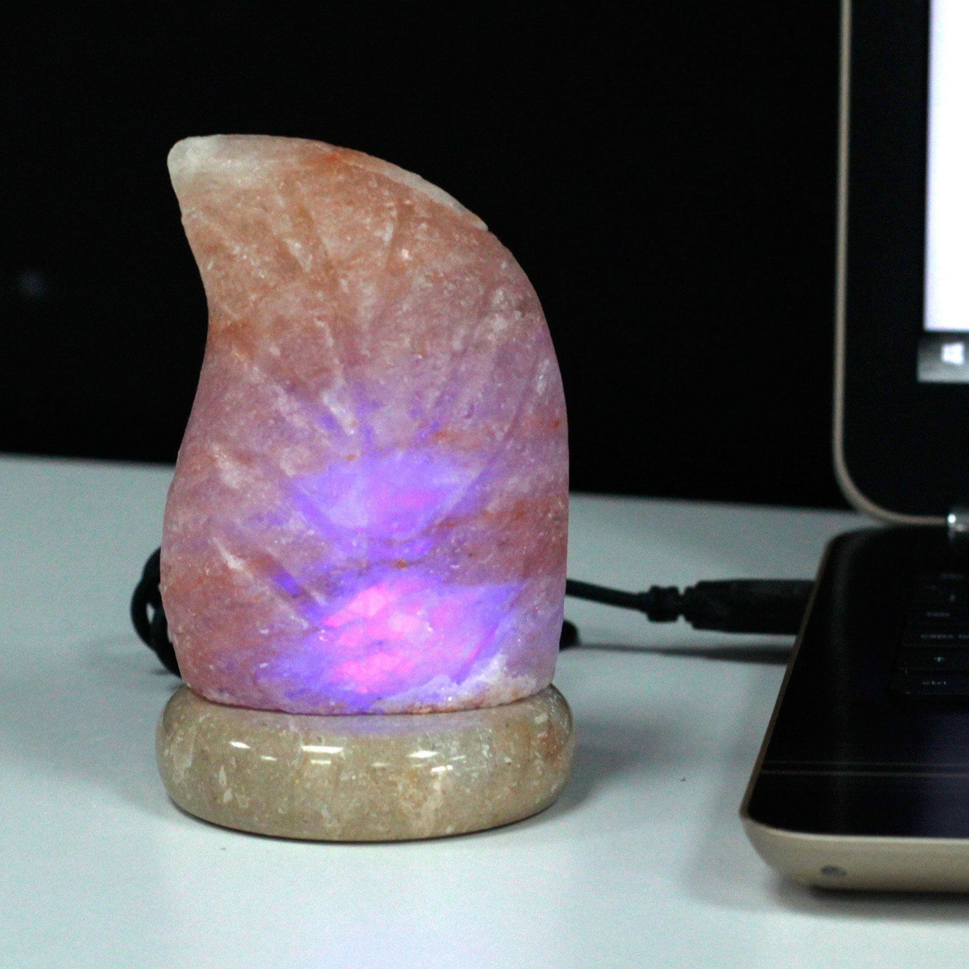 Multicolour Himalayan Fern Leaf USB Salt lamp On A Stone Base. 