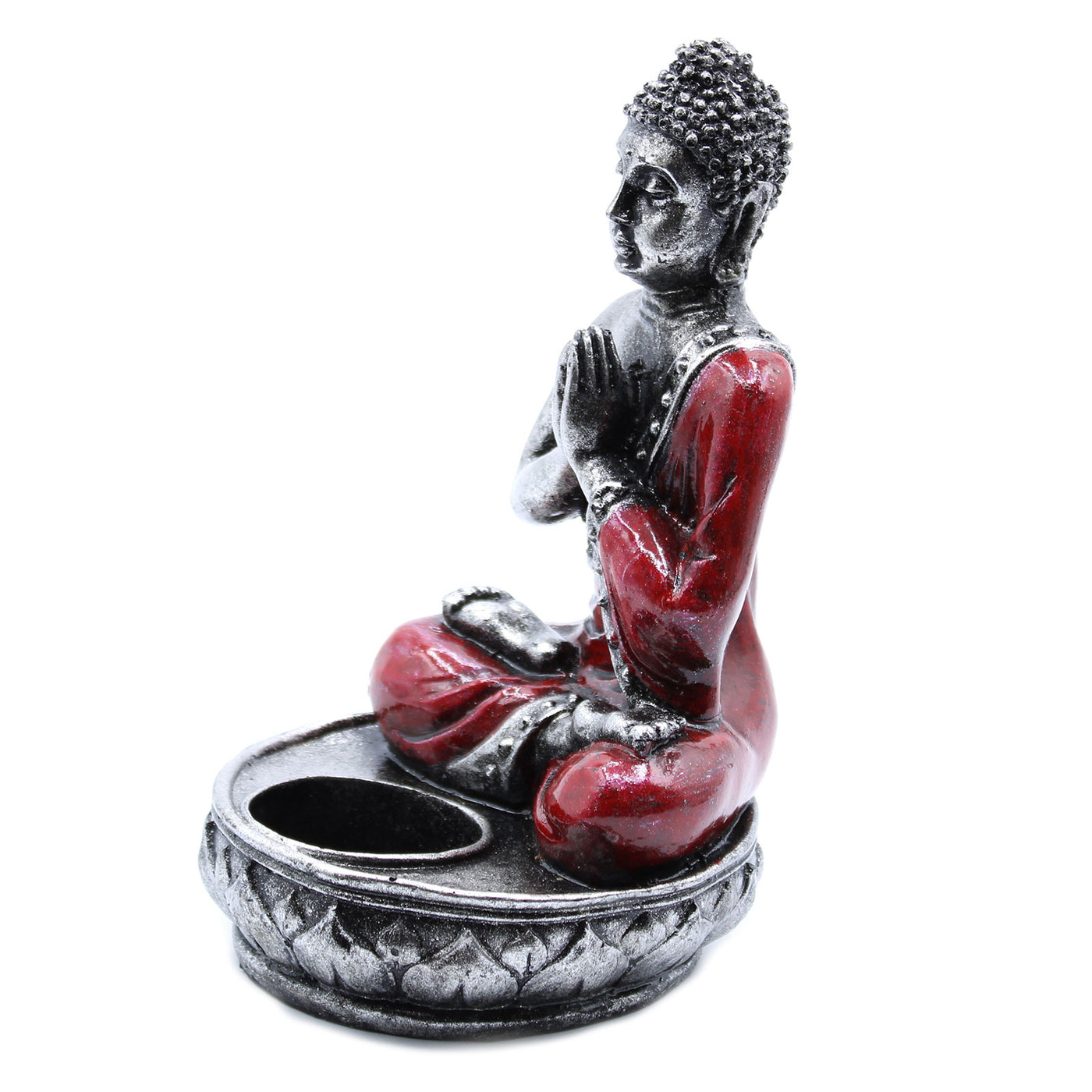 Silver Red Hand Painted Namaskara Mudra Buddha Candle Tealight Holder.