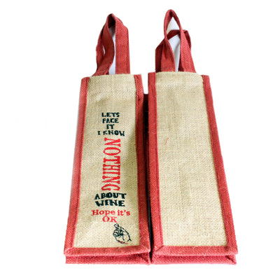 Natural Jute 'I know nothing' Printed Wine Gift Bags With Cane Handle.