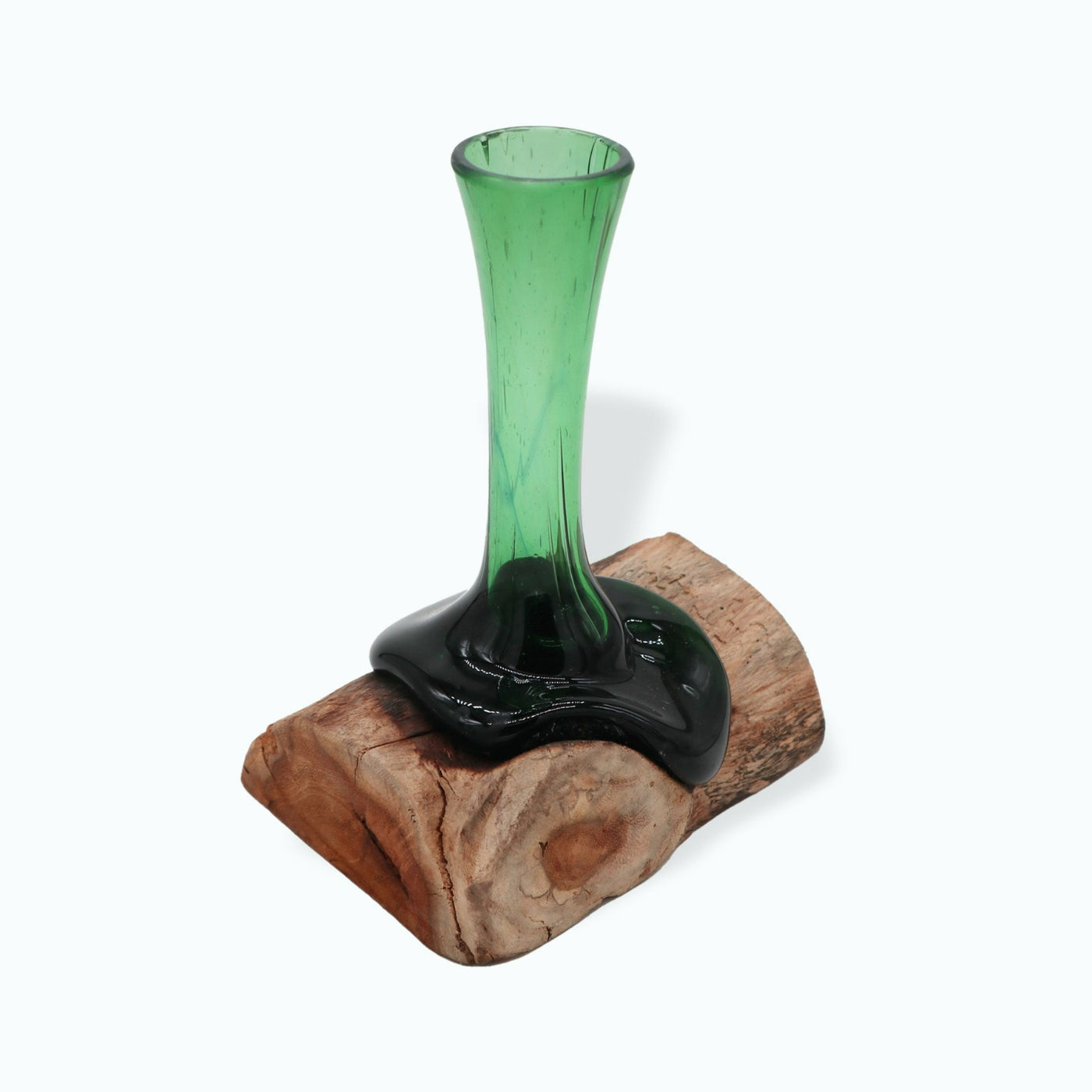 Handmade Molten Recycled Glass Flower Vase On Wooden Base. ]