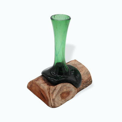 Handmade Molten Recycled Glass Flower Vase On Wooden Base. ]