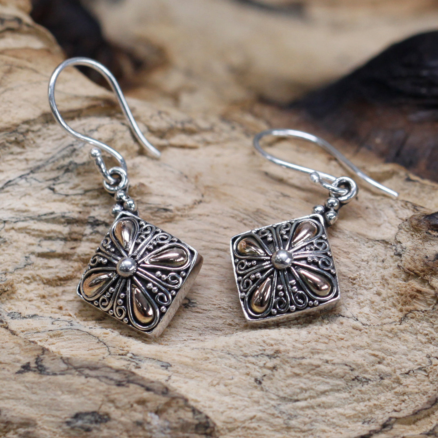 Women's Gold And Silver Square Drop Exotic Earrings