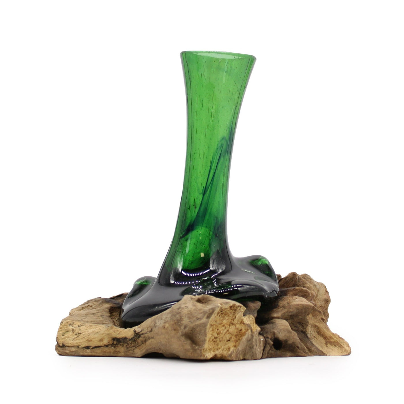 Handmade Molten Recycled Glass Flower Vase On Wooden Base. 