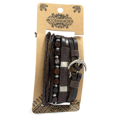 Men's Grey Black Brown Leather Charm Bracelet Set.