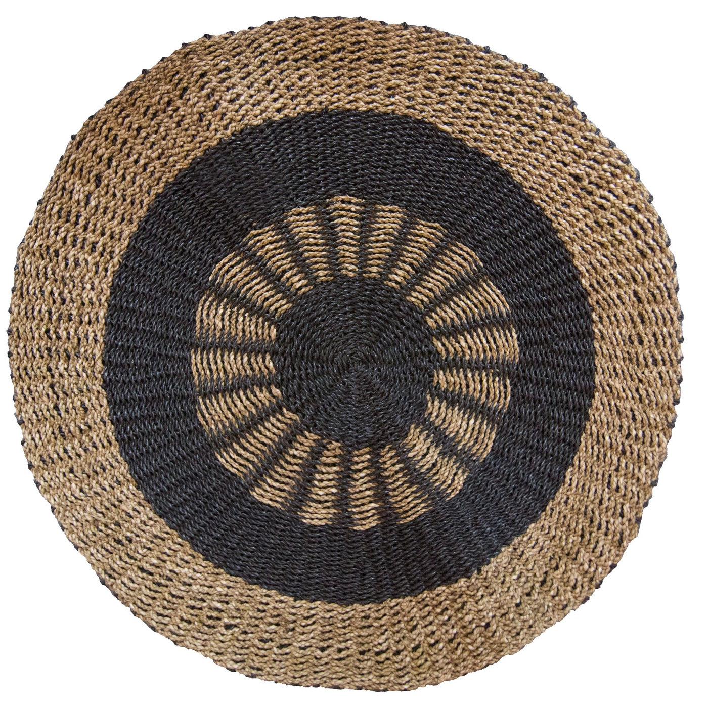 Round Hand-Woven Seagrass Rug Black & Tan Inner Sun - 1m.
