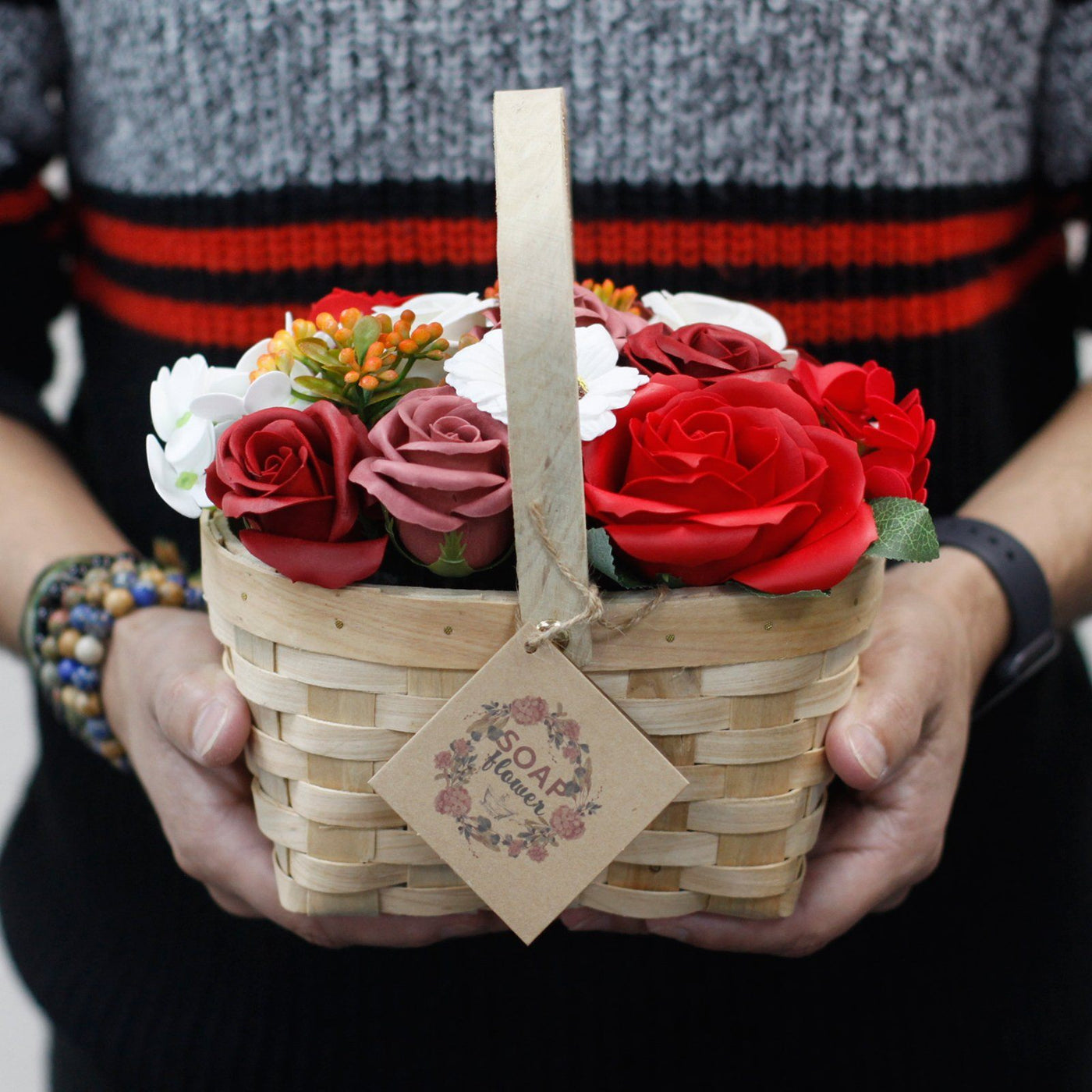 Large Luxury Red Body Soap Flower Gift Bouquet in Wicker Basket.