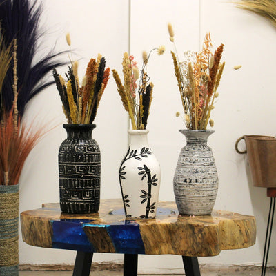 Natural Cream And Black Ceramic Bamboo Motif Cylinder Shaped Vase.
