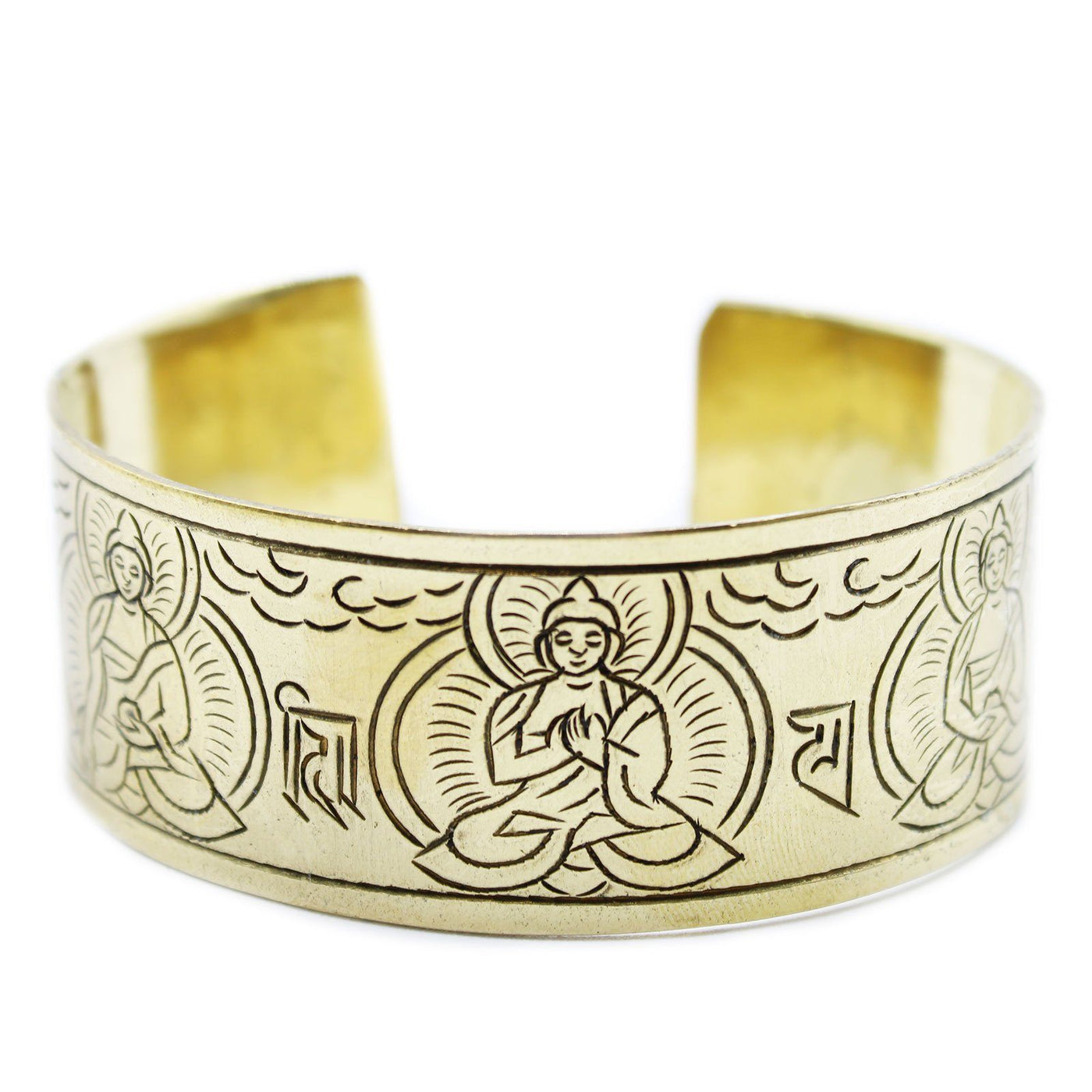 Unisex Gold Brass Handcrafted Engraved Tibetan 'Five Buddha' Wide Bracelet.