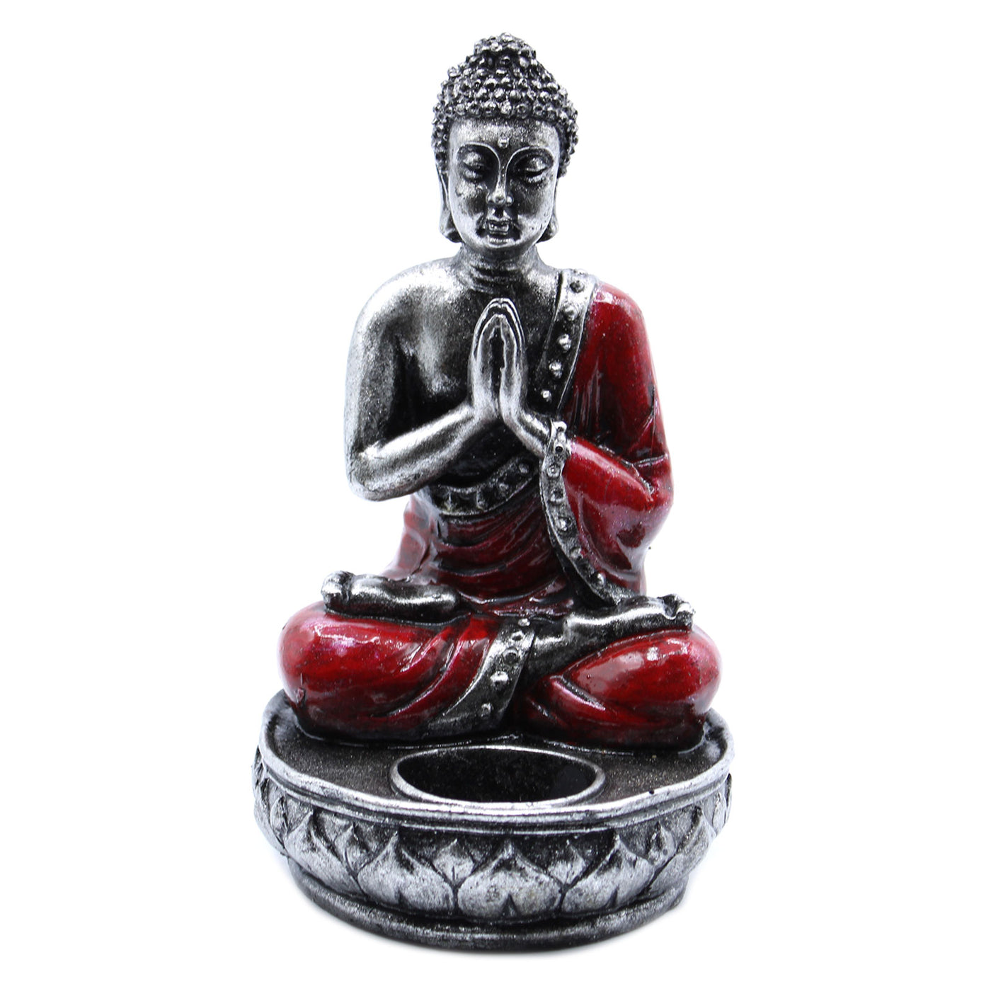 Silver Red Hand Painted Namaskara Mudra Buddha Candle Tealight Holder
