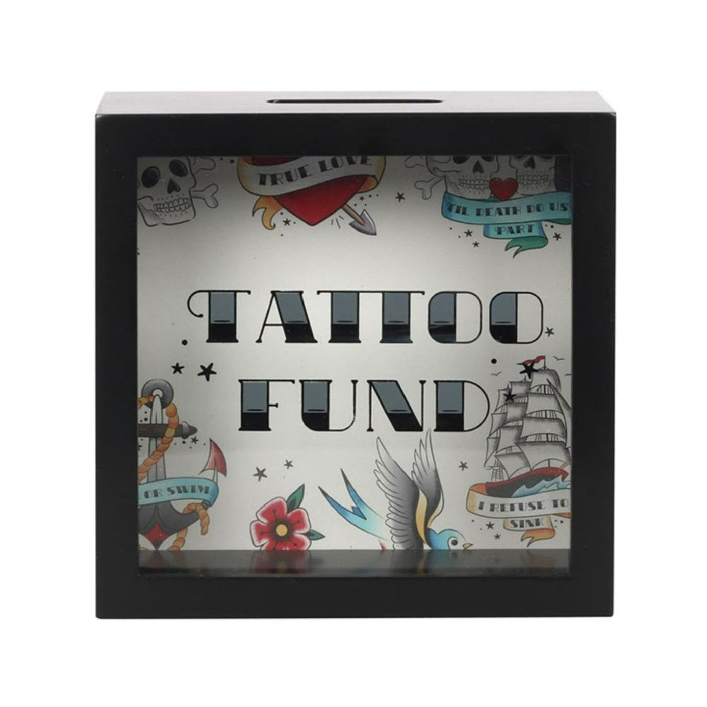 Retro Tattoo Fund Square Wooden Money Box With Glass Front.
