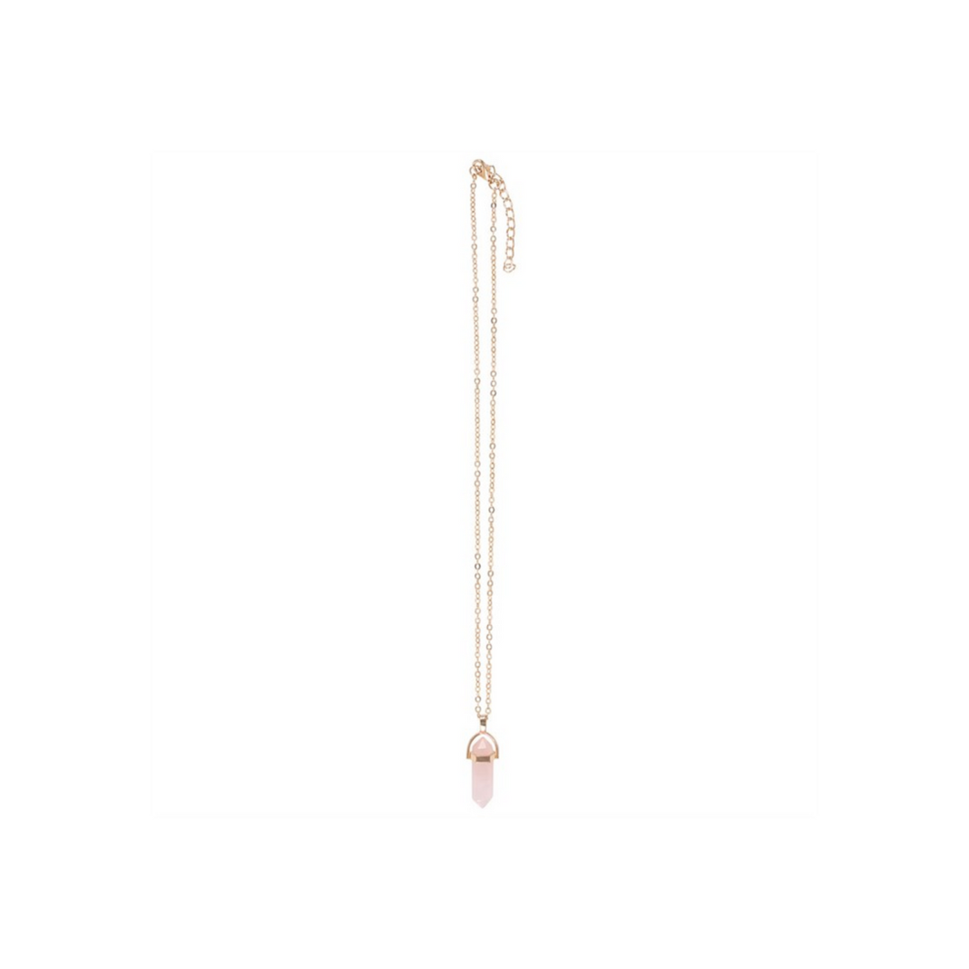 Rose Quartz Obelisk Gemstone Crystal Golden Necklace Card.