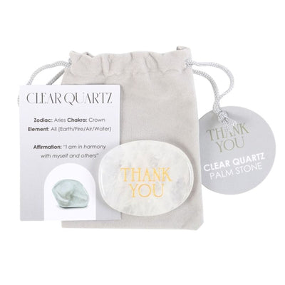 Thank You Clear Quartz Crystal Palm Stone In Drawstring Bag.