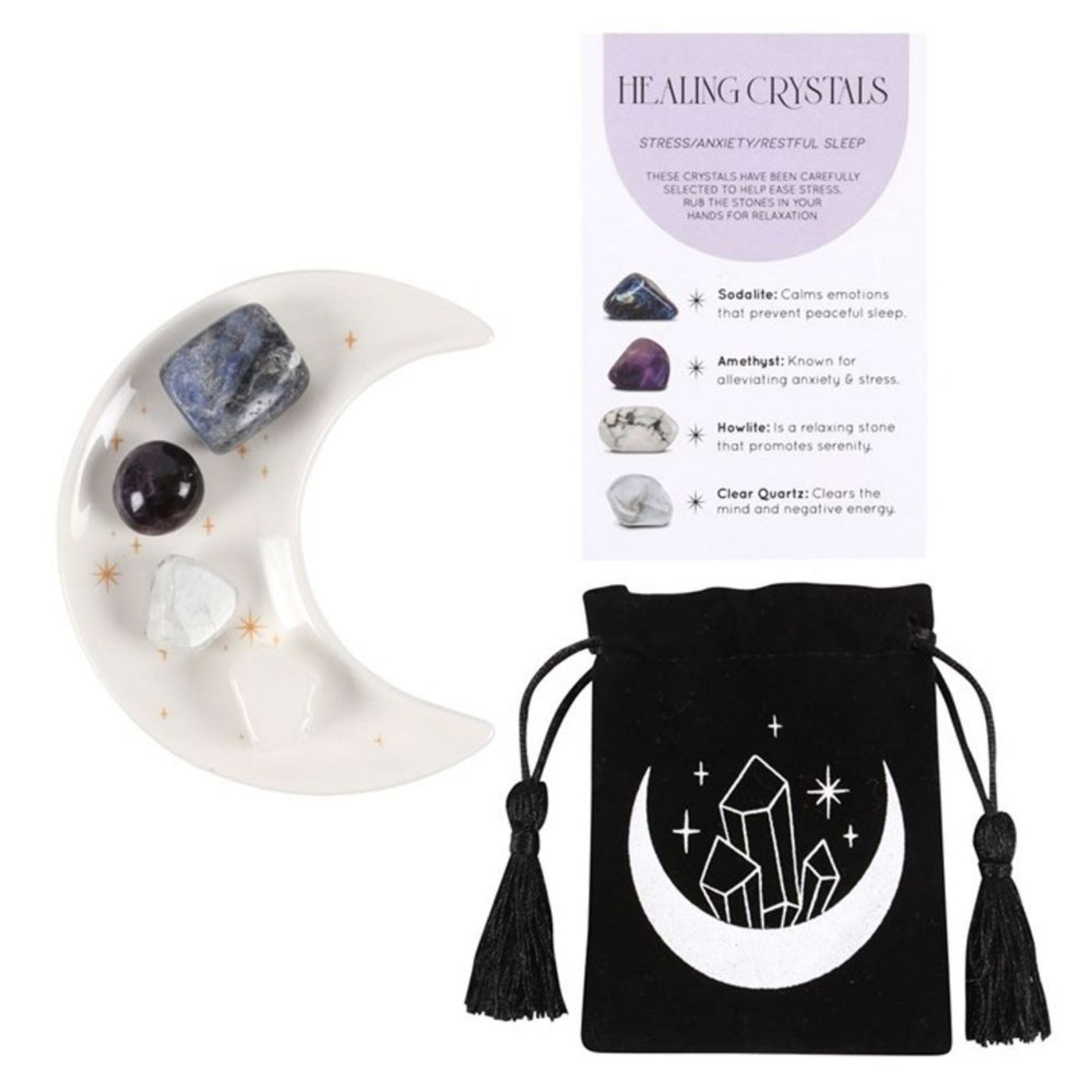 Stress Healing Crystal Set With Moon Trinket Dish Gift With Four Crystals.