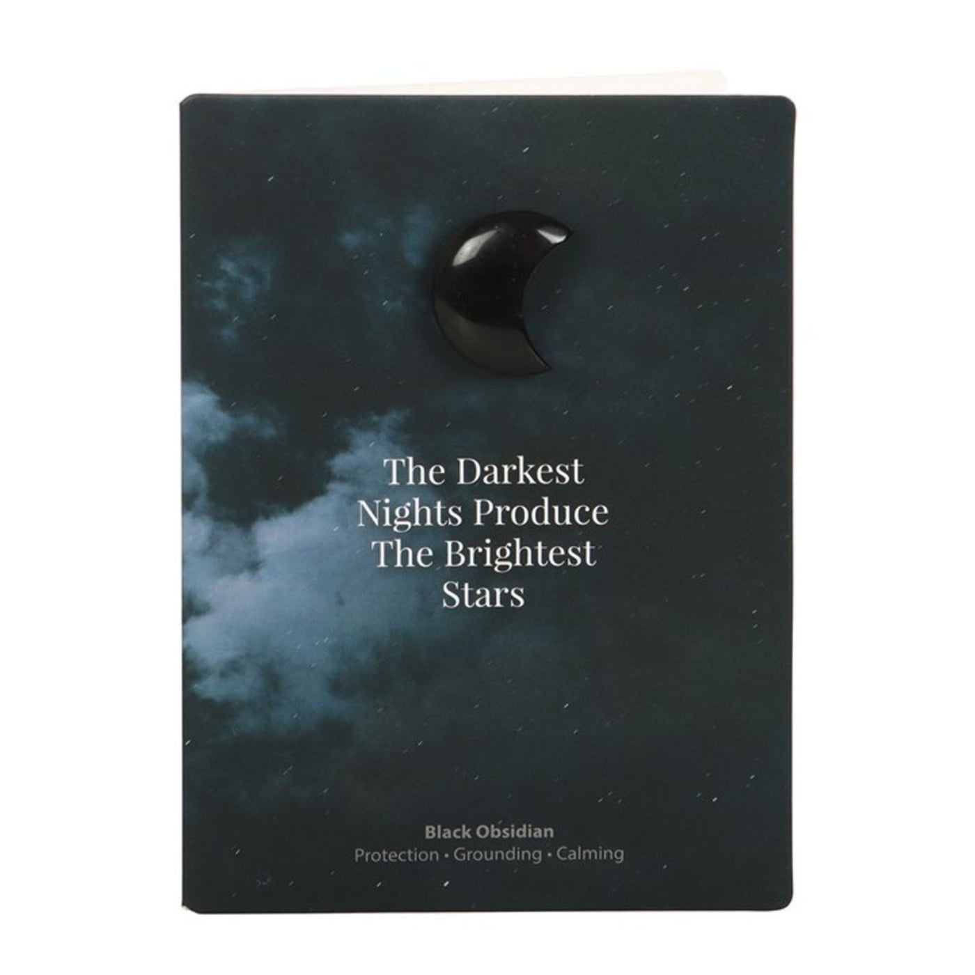 Darkest Nights Black Obsidian Moon Shaped Crystal On A Greeting Card.