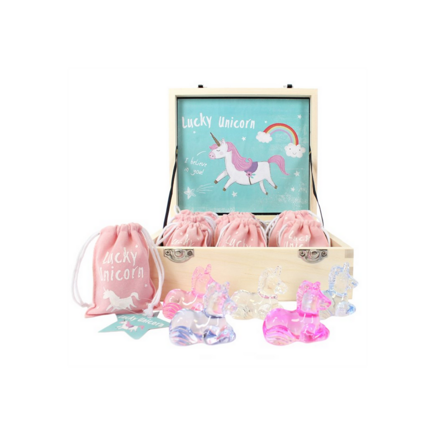 Box Of 15 Lucky Glass Unicorn Charms In Velvet Pouch And Wooden Box Party Favours.