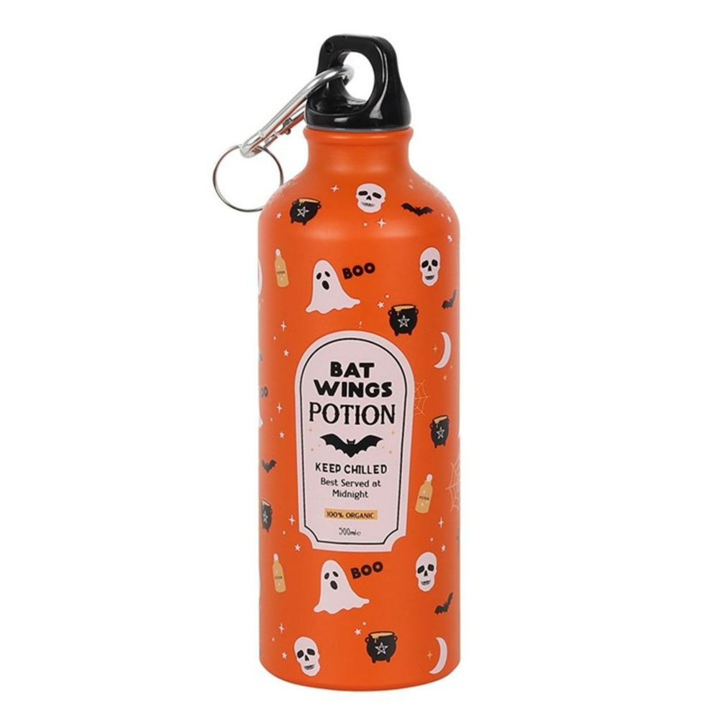 Bat Wings Potion Metal Orange Halloween Water Bottle. With Ghost And Bats Print.