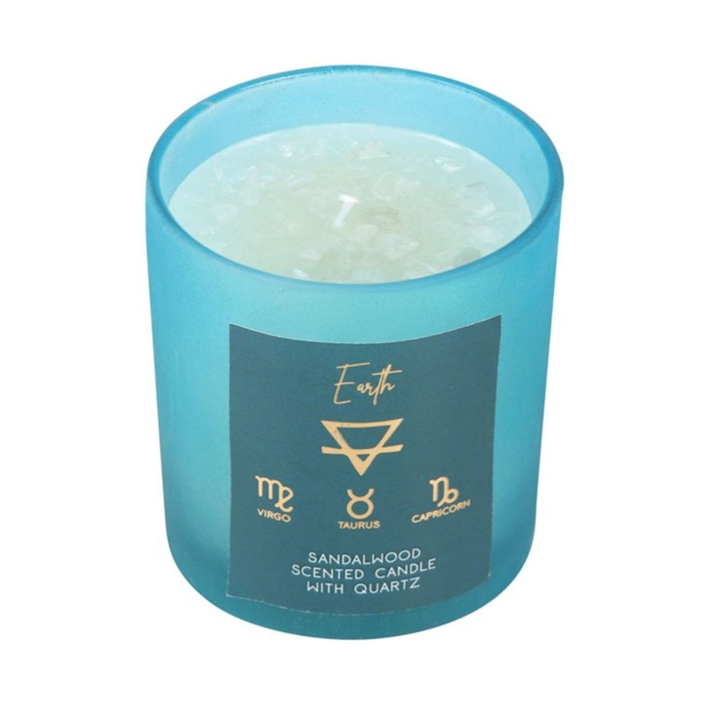 Earth Element Sandalwood Fragranced Candle In The Glass Jar With White Quartz Crystal Chips.