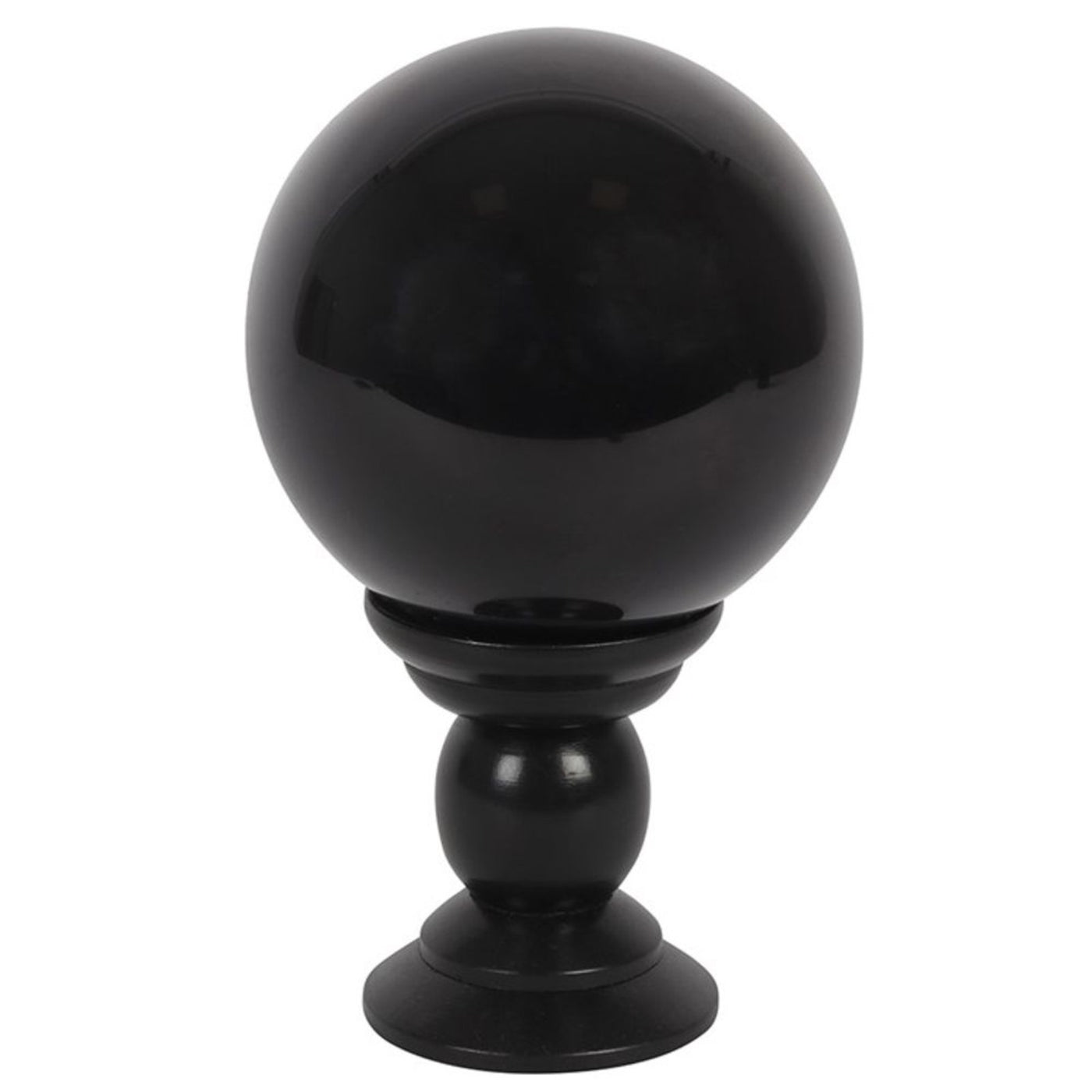 Large Black Crystal Ball Ornament On Wooden Stand.