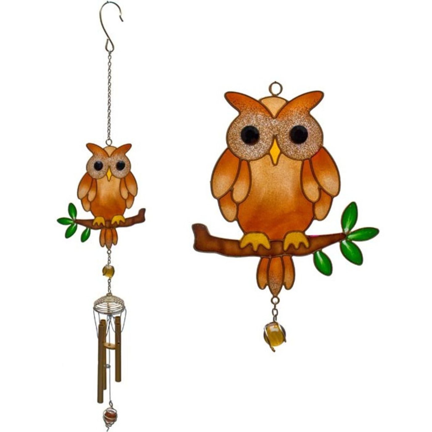 Glass Brown Owl On Branch Wind Chime.