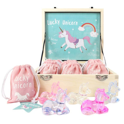 Box Of 15 Lucky Glass Unicorn Charms In Velvet Pouch And Wooden Box Party Favours.