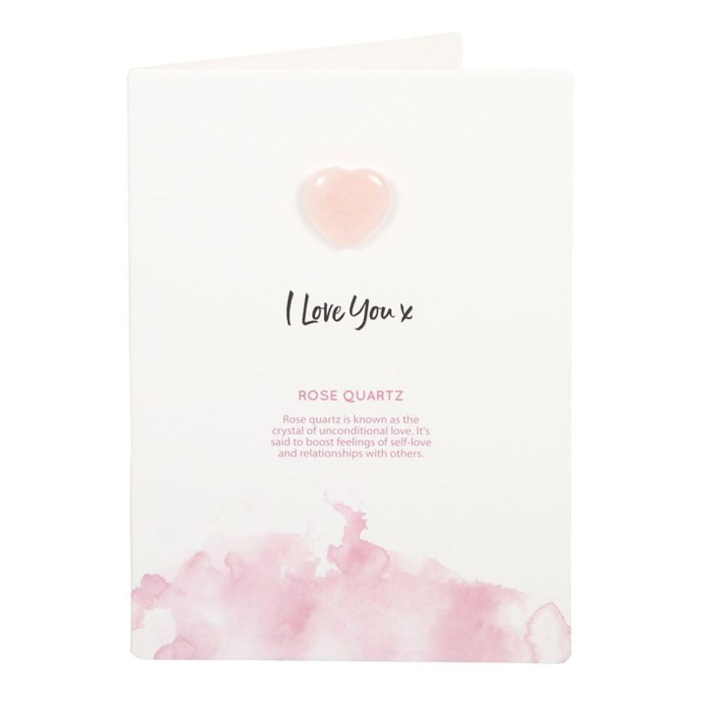 I Love You Rose Quartz Gemstone Heart On A Greeting Card.