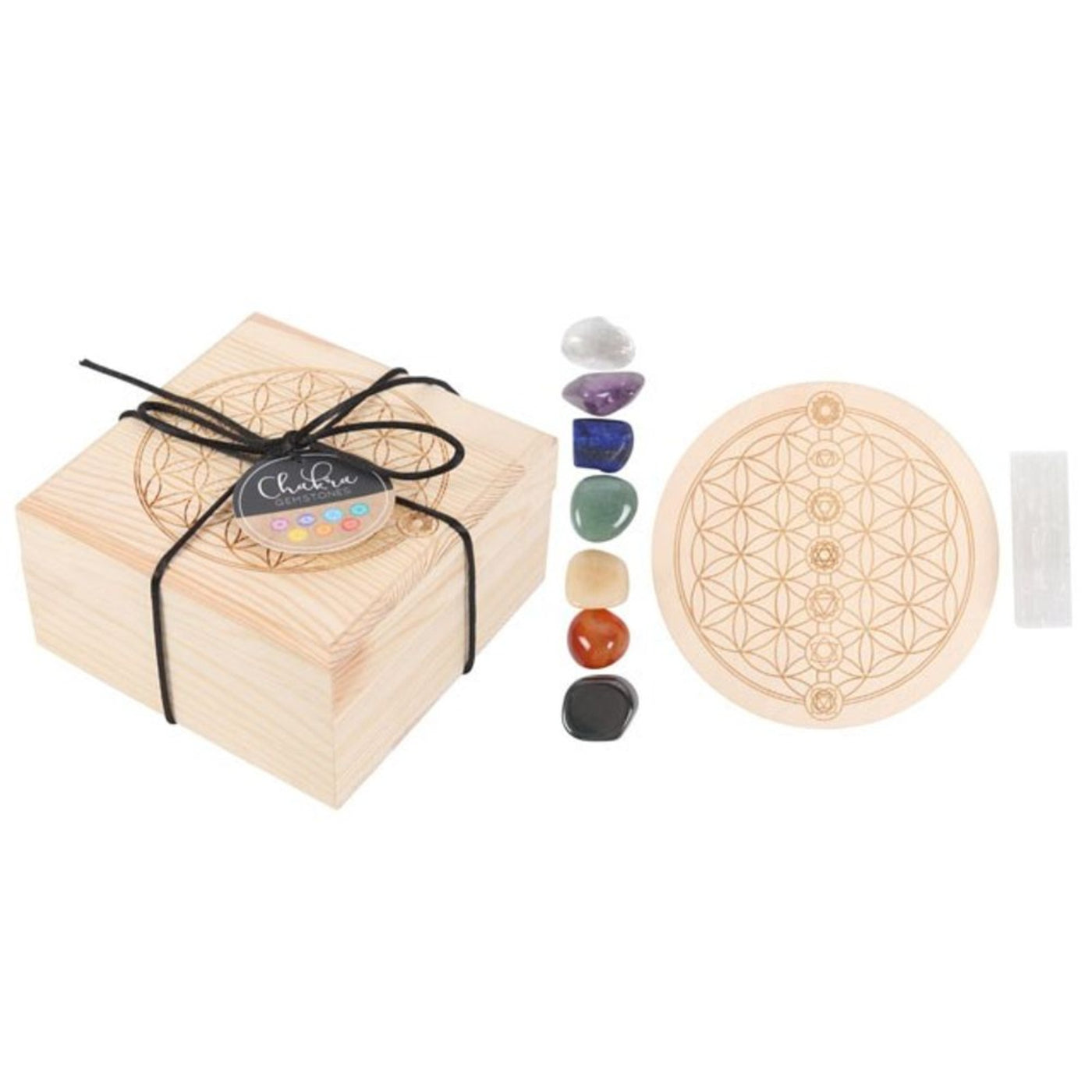 Chakra Crystal Grid With Seleinite Wand In Wooden Gift Box.