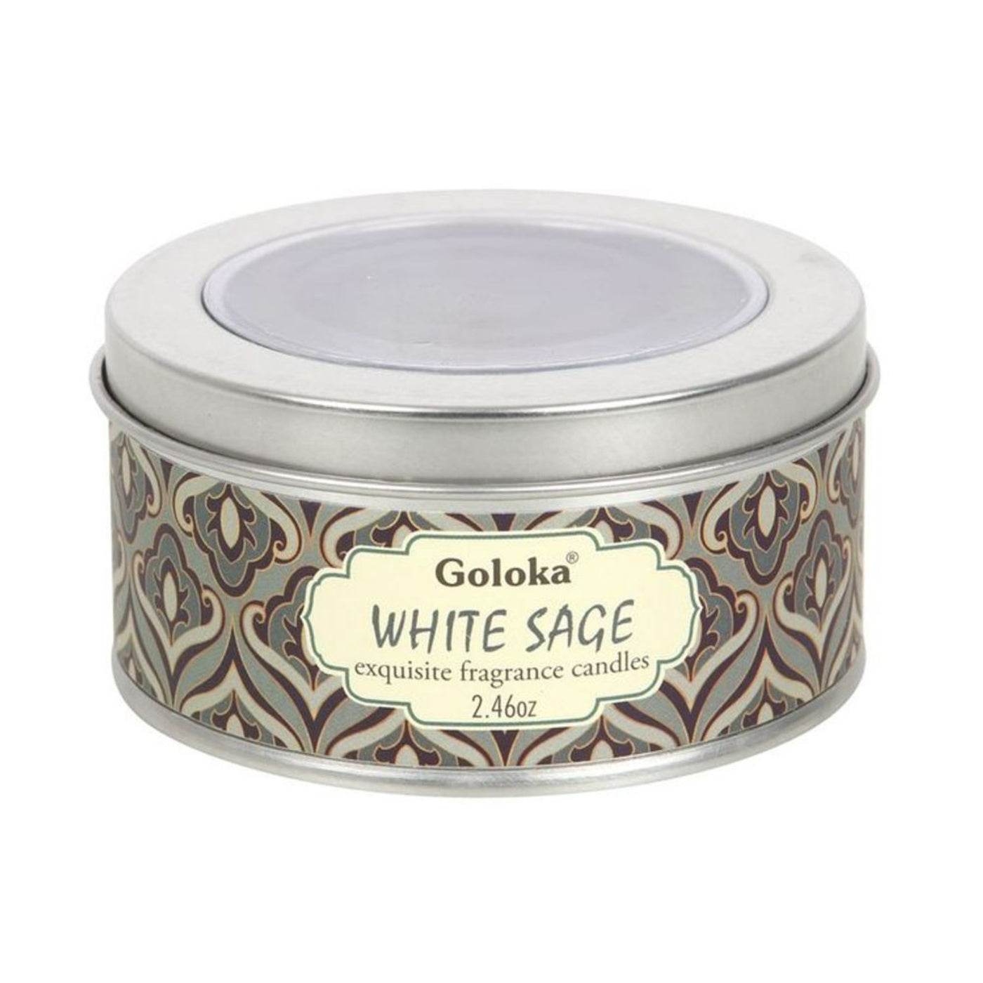 Goloka White Sage Soya Wax Candle In Metal Tin.