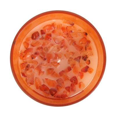 Sacral Chakra Fragranced Orange Carnelian Gemstone Candle In Glass Jar.