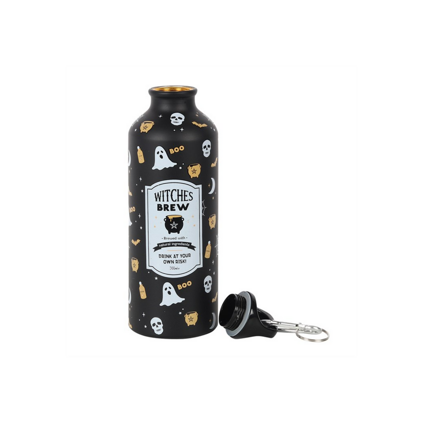 Witches Brew Black Ghost And Skulls Printed Metal Water Bottle For Halloween.