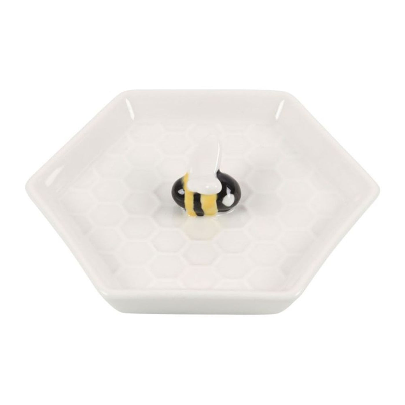 Bee White Ceramic Hexagonal Jewellery Trinket Dish.